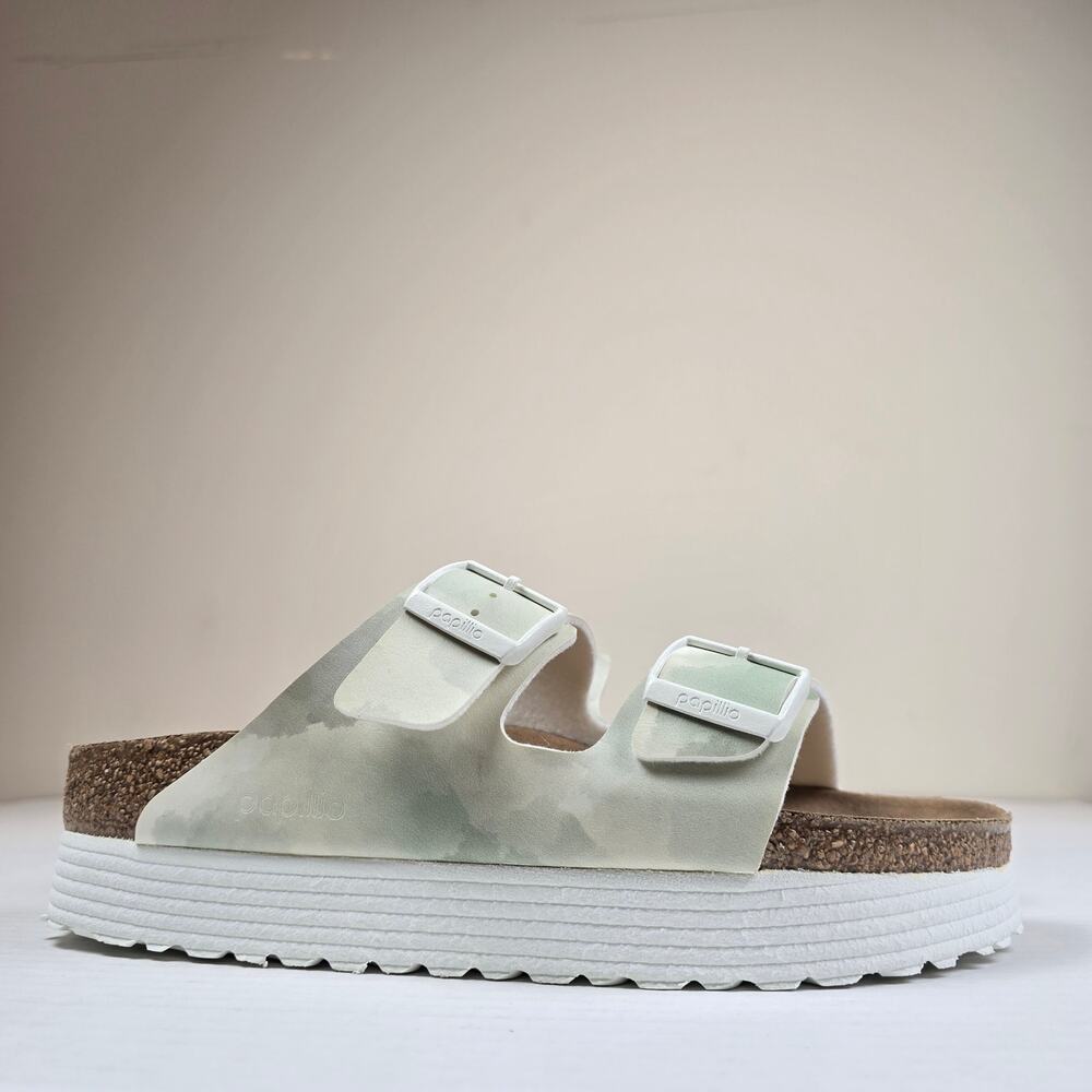 Papillio Birkenstock Sz 40 W9 Arizona Grooved Platform Sandals Watercolor Khaki